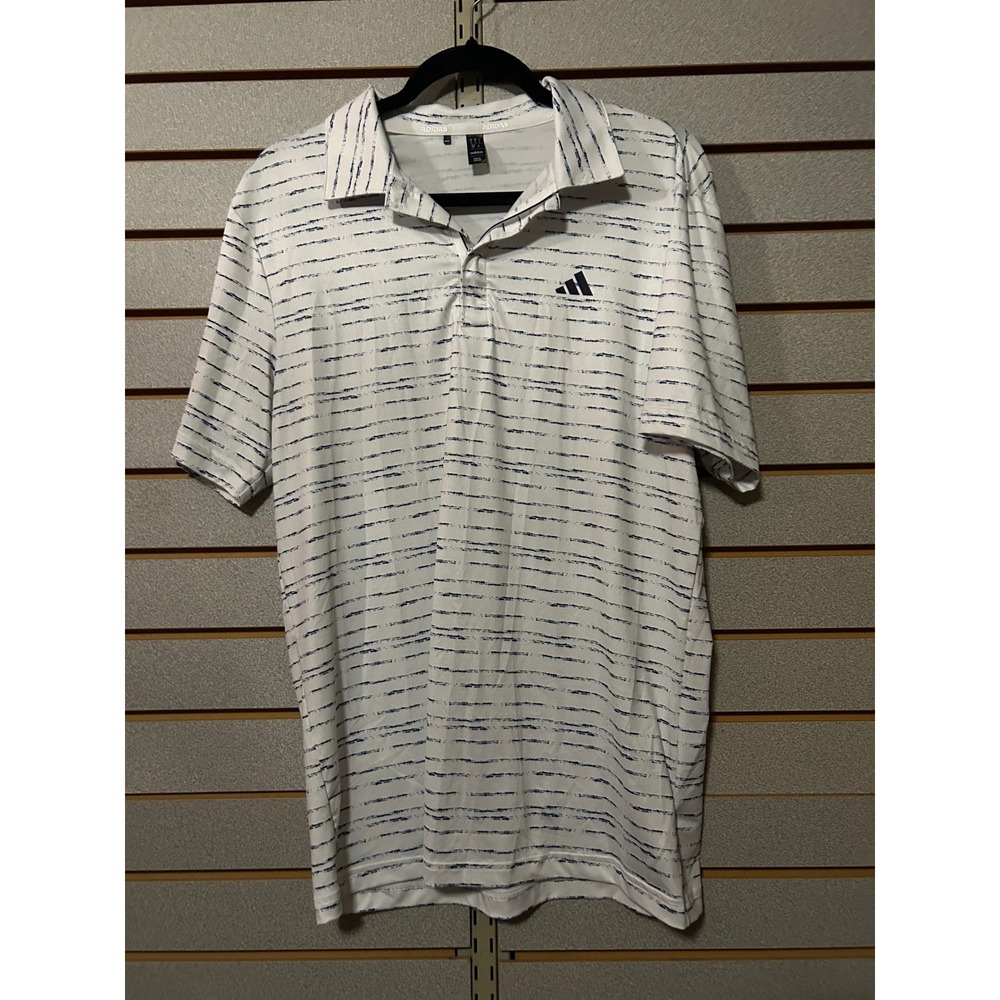 Adidas small Mens Golf Polo Shirt White Navy Blue Distressed Stripe Short Sleeve